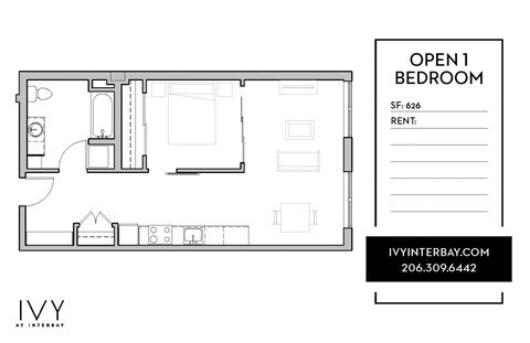 Floor plan for 1 bed, 1 bath, 580 sqft
